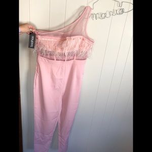 boohoo one shoulder feather jumpsuit